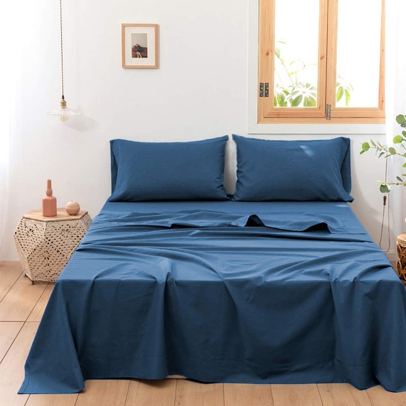 Simple&Opulence Belgian Linen Sheet Set Solid Color - 4 Pieces (1 Flat Sheet, 1 Fitted Sheet & 2 Pillowcases) Natural Flax Cotton Blend Soft Breathable Farmhouse Bedding - Queen Size, Classic Blue - Image 1